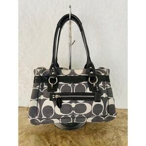 Coach penelope signature gray/white linen fabric Leather Satchel BAG PURSE 13290